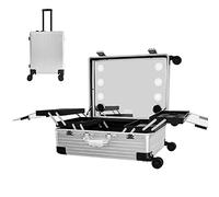 Makeup Train Case Cosmetic Bag Organizer, Rolling Trolley with 4 Wheels, LED Mirror, Combination Lock, Aluminium Makeup Station, 1 Piece