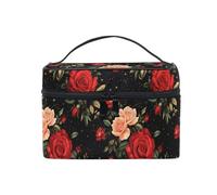 Makeup Train Case Red Roses Flowers Carrying Portable Zip Travel Cosmetic Brush Bag Organizer Large for Women