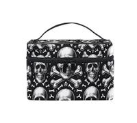 Makeup Train Case Skulls Bones Black White Carrying Portable Zip Travel Cosmetic Brush Bag Organizer Large for Women