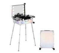 Makeup Train Case with LED Light - Professional Cosmetic Organizer with Rolling Stand - Lighted Vanity Station