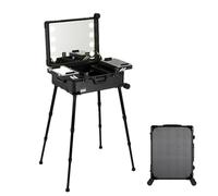 Makeup Train Case with LED Light - Professional Cosmetic Organizer with Rolling Stand - Lighted Vanity Station