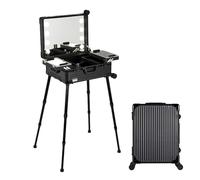Makeup Train Case with LED Light - Professional Cosmetic Organizer with Rolling Stand - Lighted Vanity Station
