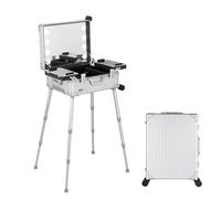 Makeup Train Case with LED Light - Professional Cosmetic Organizer with Rolling Stand - Lighted Vanity Station