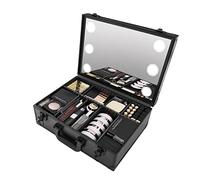 Makeup Train Case with LED Lighted Mirror & 9 Compartments & USB Slot, Large Cosmetic Organizer for Makeup Artists and Travel, Black 42 * 30 * 15cm