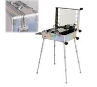 Makeup Train Case with LED Lights - Professional Cosmetic Organizer with Stand and Rolling Vanity Station