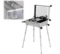 Makeup Train Case with LED Lights - Professional Cosmetic Organizer with Stand and Rolling Vanity Station for Easy Makeup Access