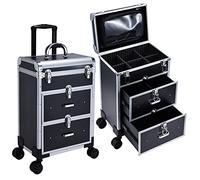 Makeup Trolley Vanity Case Makeup Case Beauty Trolley on Wheels with Drawers Hairdressing Trolley Make Up Storage Organiser Box Beauty Case with Removable Organiser Bag, Matt Black