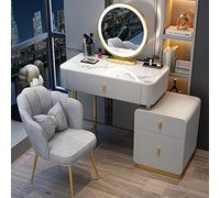 Makeup Vanity Table with Dimmable Touch Screen Mirror, Movable Side Table, and Cushioned Stool - Ideal for Bedroom Cosmetic Organization and Home Decor