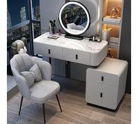 Makeup Vanity Table with Dimmable Touch Screen Mirror, Movable Side Table, and Cushioned Stool - Ideal for Bedroom Cosmetic Organization and Home Decor