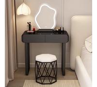 Makeup Vanity Table with Lights & Mirror Black Tempered Glass Desk Chair Bedroom & Study Use Compact Design (Bird's Nest Stool 80 x 40 x 78 cm)