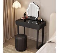 Makeup Vanity Table with Lights & Mirror Small Black Glass Desk Chair for Bedroom & Study Round Stool Compact Size 70 x 40 x 78 cm Stylish Makeup Station