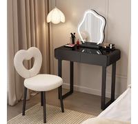 Makeup Vanity Table with Lights & Mirror Small Black Tempered Glass Desk Chair (HeartShaped 70 x 40 x 78 cm) for Bedroom & Study Stylish & Functional
