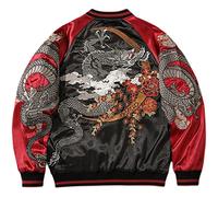 MakeYown Dragon Embroidered Baseball Jacket Men And Women Coats Collision Color,red A,M