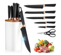 Makfoner 6-Slot Kitchen Knife Sets, Detachable Knife Block Set with Stainless Steel Knives, Plastic Base Wooden Lid Knife Set with Block, Heavy-Weighted and Anti-Slip Design for Space Saving