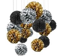 MAKFORT 15pcs Pompom Decorations Tissue Pom Poms Paper Flower Ball for Wedding Festival Party Gold Sliver Black(30.5cm/25cm/15.5cm)