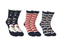 MAKFORT 3 Paris Thermal Winter Socks for Women or Girls - Reindeer, Santa Christmas Fluffy Slipper Socks Size 3-7