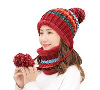 MAKFORT Women's Bobble Hat & Loop Scarf Set - Red - One Size Fits Most - Wool Blend - Windproof, Warm, Ear Warmer, Breathable - Skiing - Casual - Christmas, Birthday - Women's - Adult - Autumn-Winter