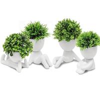 MAKHOT 4 Packs Creative Fake Plants Artificial Succulents Plants in Ceramic Human Shaped Pots, Cute Faux Succulents Mini Plant for Room Bathroom Home Office Desk Accessories Decor(White)