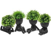 MAKHOT 4PCS Cute Artificial Mini Succulent Plants with Creative Human Shaped Pots, Small Fake Plants for Shelf Desk Tabletop Office Home Decoration(Black)
