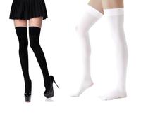 MAKI FASHIONS 2 Pairs Over the Knee Socks for Women - Soft & Stretchy Cotton White & Black Thigh High Socks for Fashion, Sports and School Uniform