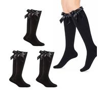 Makii 3, 6 Pairs Girls Knee High School Socks with Fluffy Ribbons Bow - Back to School Uniform Socks Party Wear Long Bow Socks Black-pack 3 Pk-11-14 Years