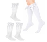 Makii 3, 6 Pairs Girls Knee High School Socks with Fluffy Ribbons Bow - Back to School Uniform Socks Party Wear Long Bow Socks White-pack 3 Pk-11-14 Years
