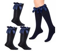 Makii 3, 6 Pairs Girls Knee High School Socks with Fluffy Ribbons Bow - Back to School Uniform Socks Party Wear Long Bow Socks Navy-pack 3 Pk-11-14 Years