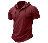 MakingDa Athletic Short Sleeve Hoodie Men Fashion Workout Gym Pullover Hooded Shirt Button Muscle Fit Summer Sweatshirt Lightweight Hip Hop Running Boxing Hiking Sport Hoodys Shirts Dark Red L