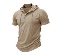MakingDa Athletic Short Sleeve Hoodie Men Fashion Workout Gym Pullover Hooded Shirt Button Muscle Fit Summer Sweatshirt Lightweight Hip Hop Running Boxing Hiking Sport Hoodys Shirts Khaki XL