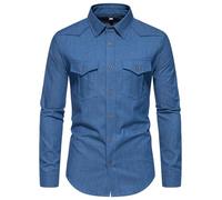 MakingDa Denim Casual Shirts for Men Long Sleeve Collared Button Down Western Cowboy Shirt Jacket with Double Flap Pocket Regular Fit Jean Coat Tops-Blue-XL