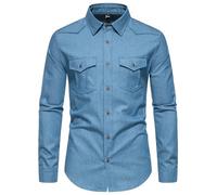 MakingDa Denim Casual Shirts for Men Long Sleeve Collared Button Down Western Cowboy Shirt Jacket with Double Flap Pocket Regular Fit Jean Coat Tops-Light Blue-XL