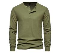 MakingDa Henley T Shirt Mens Long Sleeve Slim Fit Waffle Grandad Collar 4 Button Jumper Tops Smart Casual Collarless Shirts-Army Green-S
