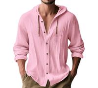 MakingDa Hooded Shirt Men Thin Long Sleeve Hoodie Casual Smart Lightweight Summer Cotton Button Down Beach Tops Loose Fit Plain Hoody-X-Pink-2XL