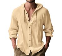 MakingDa Hooded Shirt Men Thin Long Sleeve Hoodie Casual Smart Lightweight Summer Cotton Button Down Beach Tops Loose Fit Plain Hoody-Khaki-S