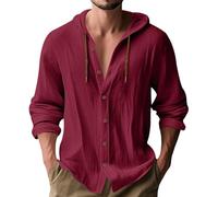 MakingDa Hooded Shirt Men Thin Long Sleeve Hoodie Casual Smart Lightweight Summer Cotton Button Down Beach Tops Loose Fit Plain Hoody-X-Wine Red-XL