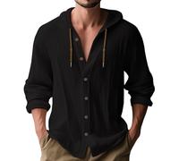 MakingDa Hooded Shirt Men Thin Long Sleeve Hoodie Casual Smart Lightweight Summer Cotton Button Down Beach Tops Loose Fit Plain Hoody-Black-S-XIN