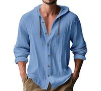 MakingDa Hooded Shirt Men Thin Long Sleeve Hoodie Casual Smart Lightweight Summer Cotton Button Down Beach Tops Loose Fit Plain Hoody-X-Denim Blue-M