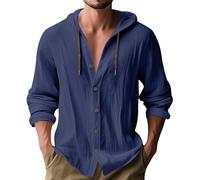 MakingDa Hooded Shirt Men Thin Long Sleeve Hoodie Casual Smart Lightweight Summer Cotton Button Down Beach Tops Loose Fit Plain Hoody-X-Dark Blue-S
