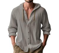 MakingDa Hooded Shirt Men Thin Long Sleeve Hoodie Casual Smart Lightweight Summer Cotton Button Down Beach Tops Loose Fit Plain Hoody-Grey-M