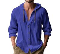 MakingDa Hooded Shirt Men Thin Long Sleeve Hoodie Casual Smart Lightweight Summer Cotton Button Down Beach Tops Loose Fit Plain Hoody-X-Blue-M