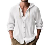 MakingDa Hooded Shirt Men Thin Long Sleeve Hoodie Casual Smart Lightweight Summer Linen Button Down Beach Tops Loose Fit Plain Hoody-White-L