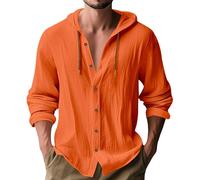 MakingDa Hooded Shirt Men Thin Long Sleeve Hoodie Casual Smart Lightweight Summer Linen Button Down Beach Tops Loose Fit Plain Hoody-X-Orange-L