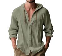 MakingDa Hooded Shirts Men Hoodie Casual Smart Long Sleeve Summer Cotton Plain Lightweight Thin Regular Fit Button Down Beach Shirt Hoody Tops-X-Army Green-3XL