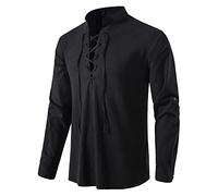 MakingDa Lace Up Shirt Men Cotton Long Sleeve Renaissance Medieval Costume Retro Viking Pirate Tops Scottish Jacobite Ghillie Kilt Shirts-A275-Black-XL