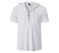 MakingDa Lace Up Viking T Shirt Men with Hood Retro Medieval Costume Cotton Pirate Renaissance Victorian Steampunk Gothic LARP Hooded Tops-White-S