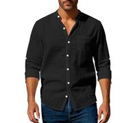 MakingDa Linen Grandad Shirts for Men Long Sleeve Banded Collar Beach Shirt with Pocket Slim Fit Button Down Casual Smart Collarless Shirts-Black-XL