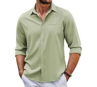 MakingDa Linen Shirts Men Long Sleeve Cotton Casual Shirt Regular Fit Lightweight Smart Solid Color Summer Beach Shirts Front Pocket Spread Collar Button Down Holiday Lounge Tops Plain Green M