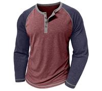 MakingDa Men’s Henley Shirts Long Sleeve Raglan Collarless T Shirt Slim Fit Buttons Color Block Grandad Shirt Casual Smart Tee Tops Red M