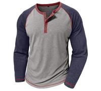 MakingDa Men’s Henley Shirts Long Sleeve Raglan Collarless T Shirt Slim Fit Buttons Color Block Grandad Shirt Casual Smart Tee Tops Grey S