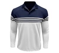 MakingDa Men’s Polo Shirts Long Sleeve Color Block Buttons Horizontal Stripes Slim Fit Collared Shirt Casual Tee Tops Navy Blue White XL